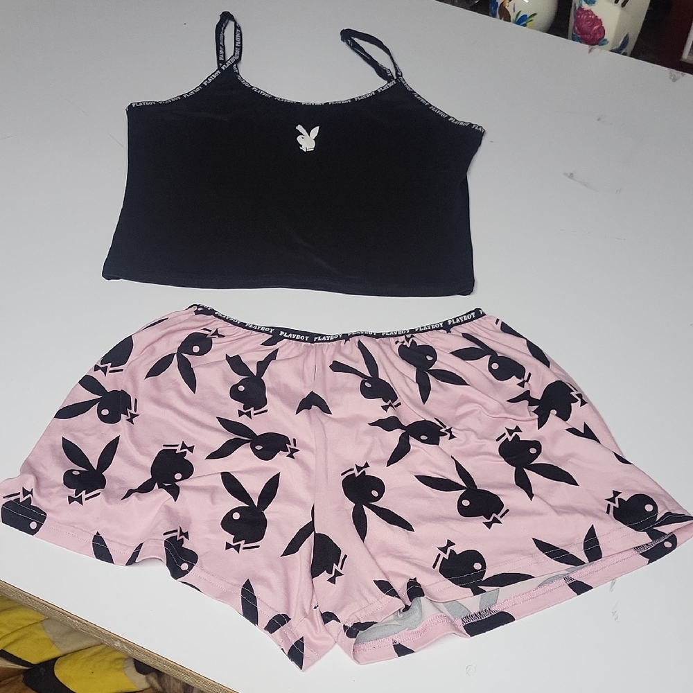 PLAYBOY Black Top and Pink Logo Shorts Pajama Set